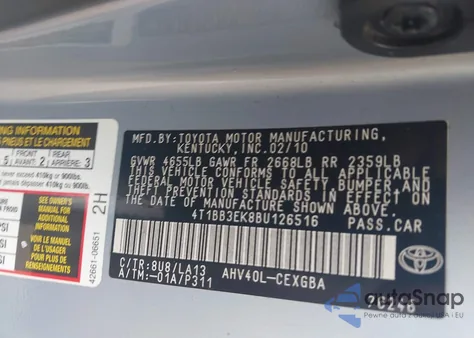 2011 Toyota Camry Hybrid from USA, damaged, VIN 4T1BB3EK8BU126516